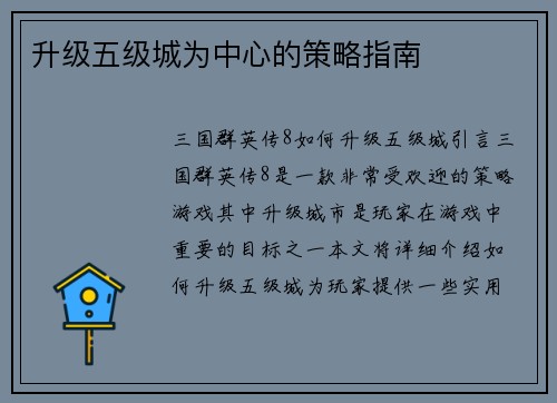 升级五级城为中心的策略指南